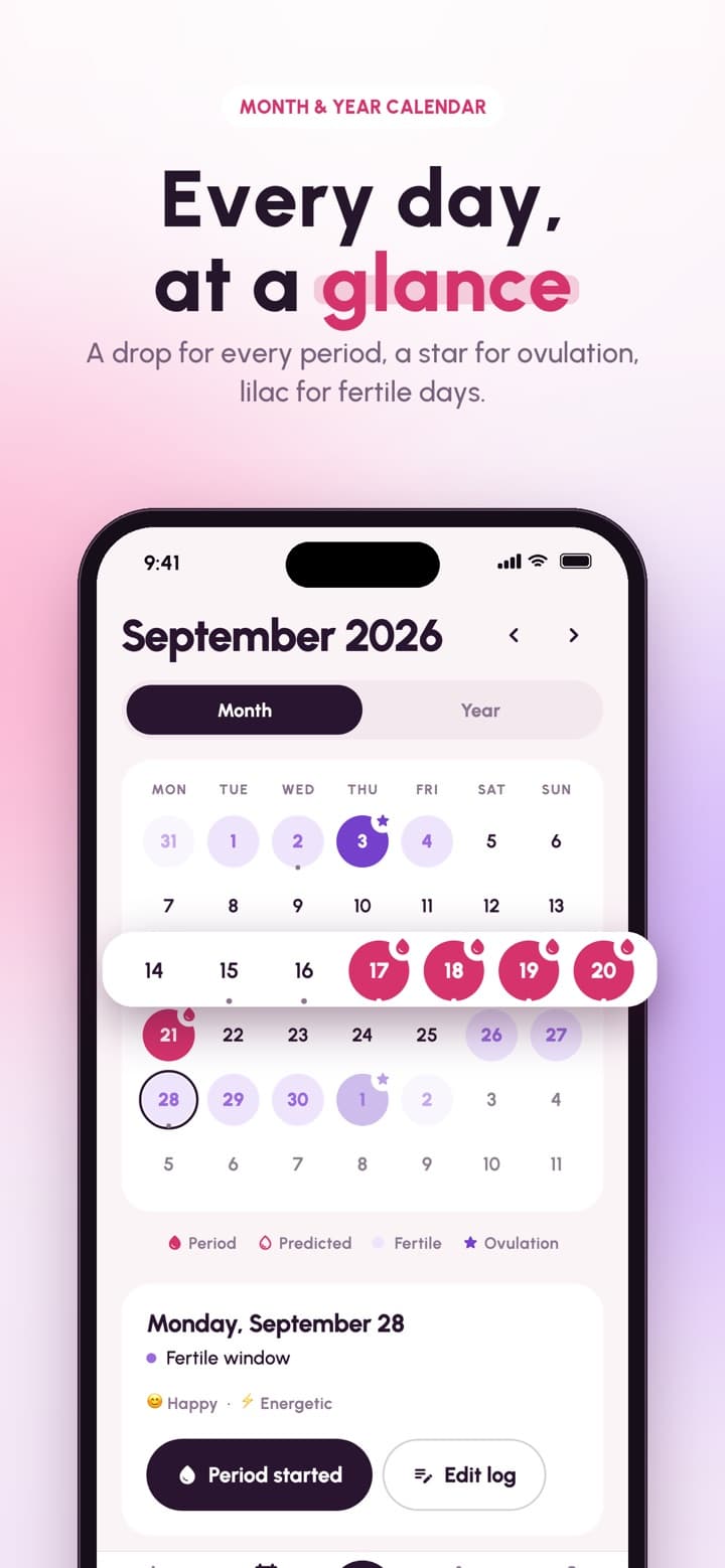 FemmePal screenshot: Every day, at a glance