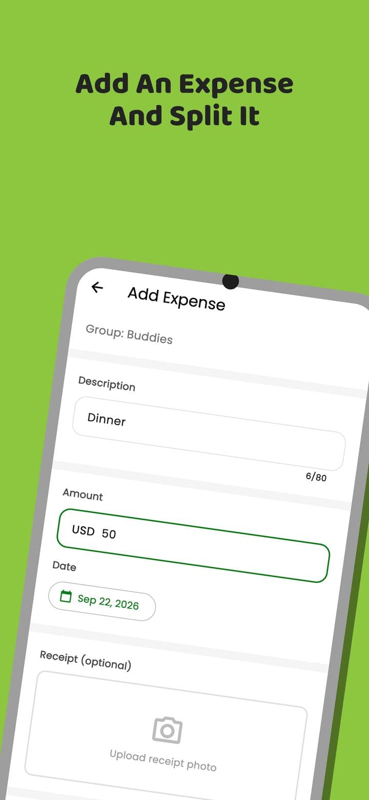 OweBuddy screenshot: Add an expense and split it